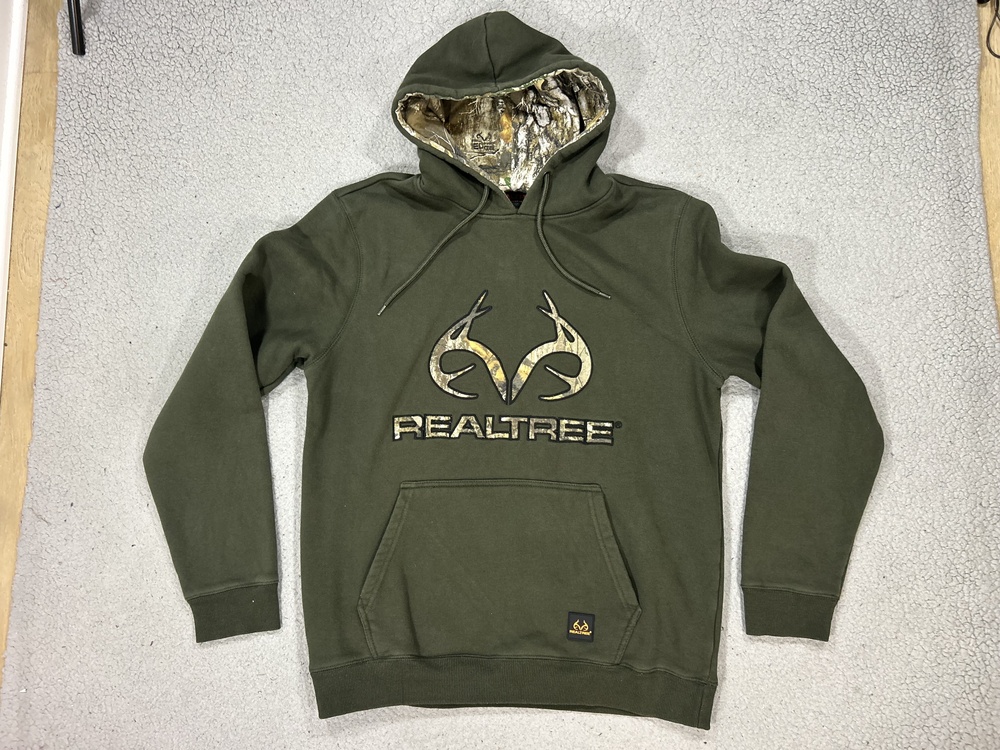 Realtree Hoodie Mens Large Green Camo Logo Lined Hood Fleece Hunting Pullover